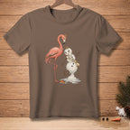 Brown t-shirt with illustration of a flamingo and melting snowman wearing "Miss Poise" sash.