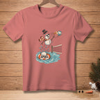 Snowman playing volleyball in water with "Spike" life preserver.