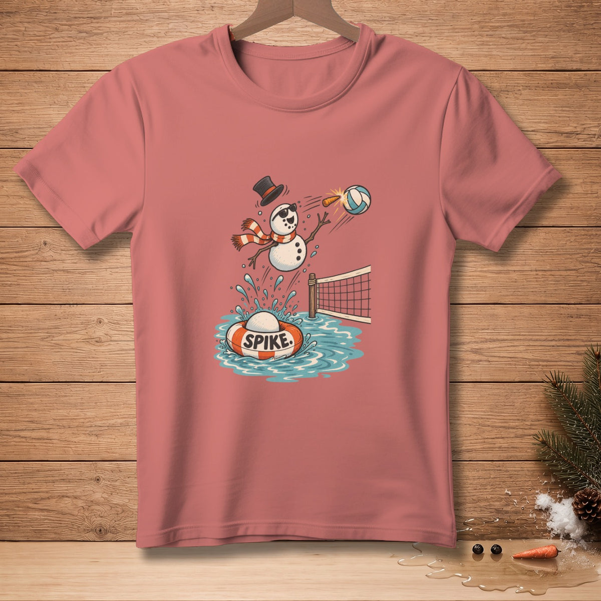 Snowman playing volleyball in water with "Spike" life preserver.