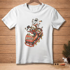 Snowmen riding a roller coaster with "Hands Up" text on the cart.