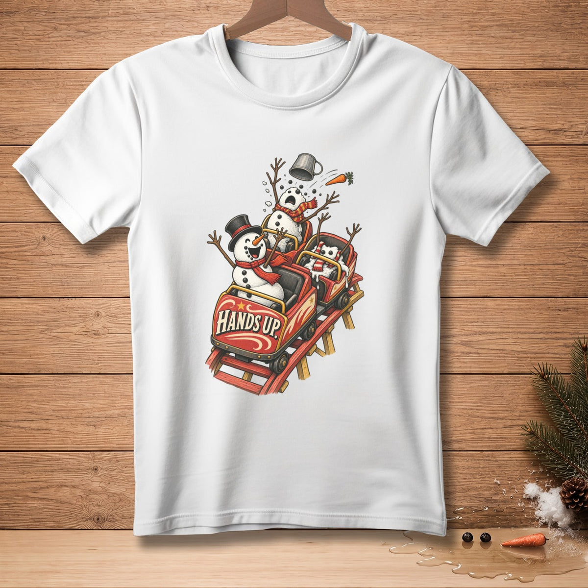 Snowmen riding a roller coaster with "Hands Up" text on the cart.