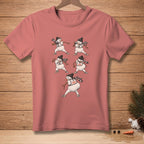 T-shirt with multiple snowmen lifting weights, some with "26" or "LOADED" on their vests.