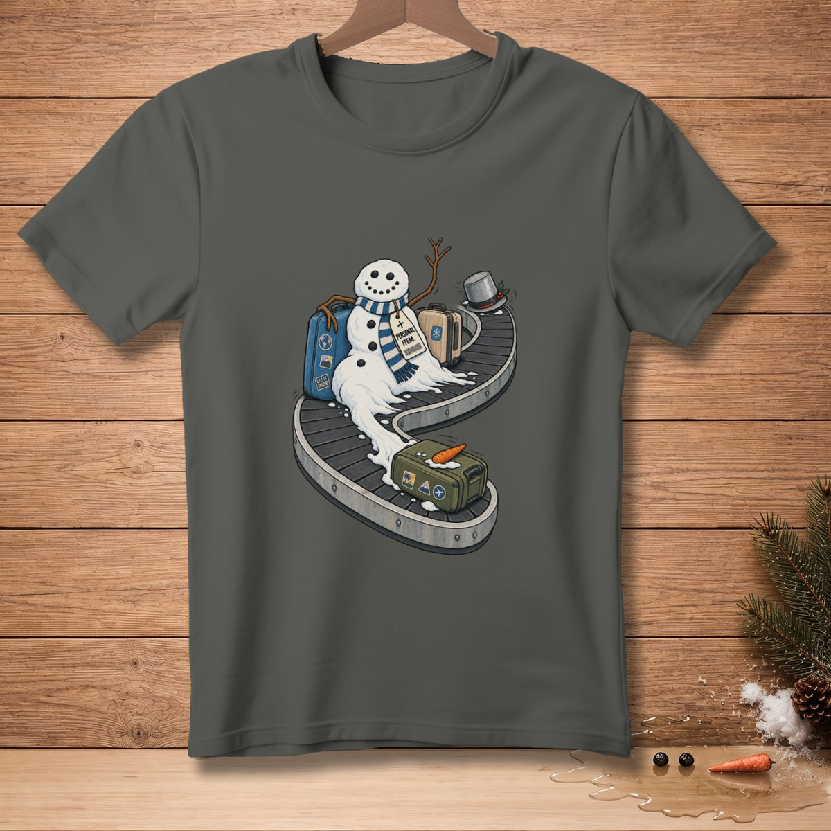 Melting snowman on luggage conveyor belt with suitcases and "Personal Item" tag.