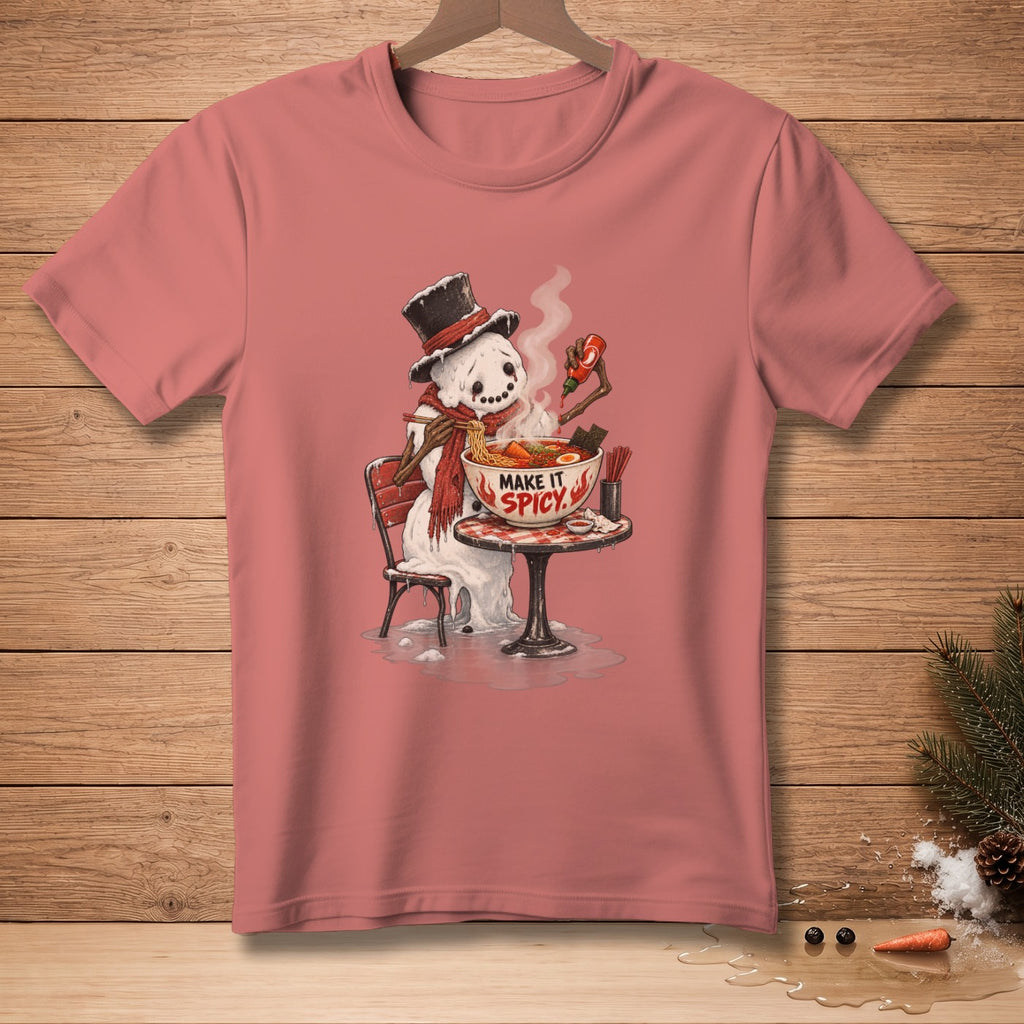 Snowman wearing a top hat and scarf eats ramen, with text "Make It Spicy" on the bowl.
