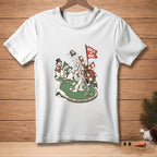 Snowmen play miniature golf with a windmill and a flag that says "Hole in One".