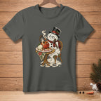 Melting snowman with a grumpy face sits at a table with "Rude" text.