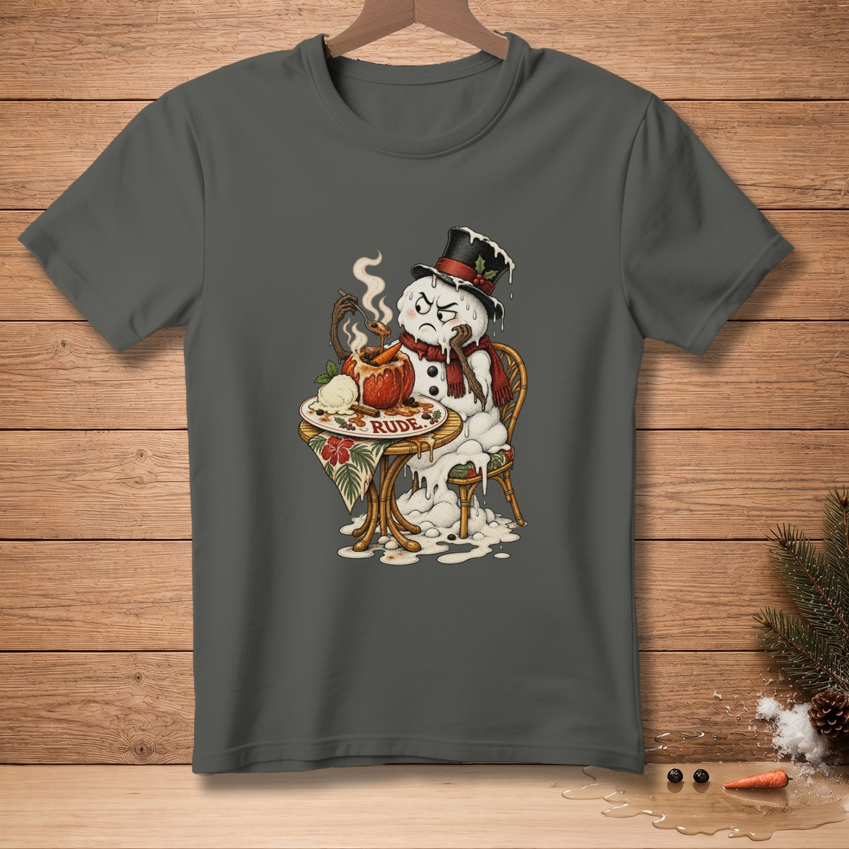 Melting snowman with a grumpy face sits at a table with "Rude" text.