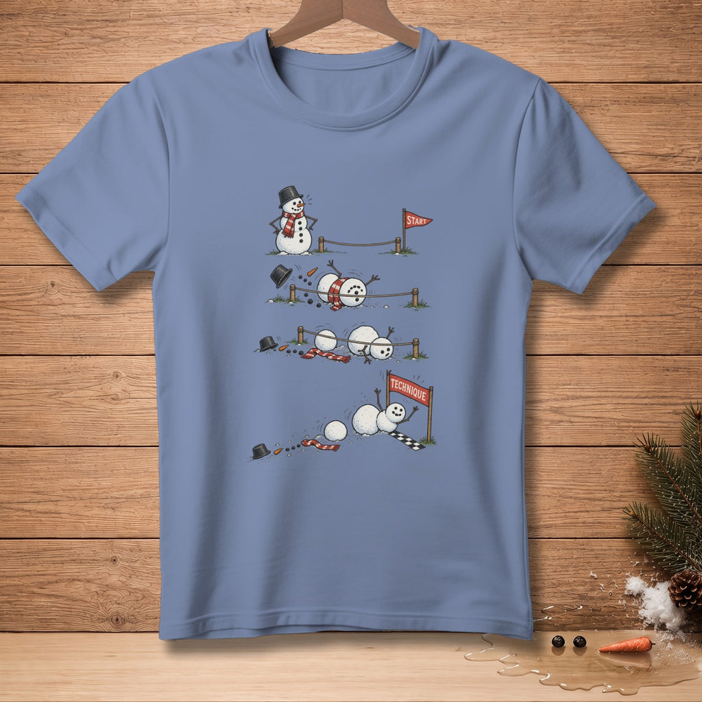 T-shirt graphic of snowmen racing and falling down.