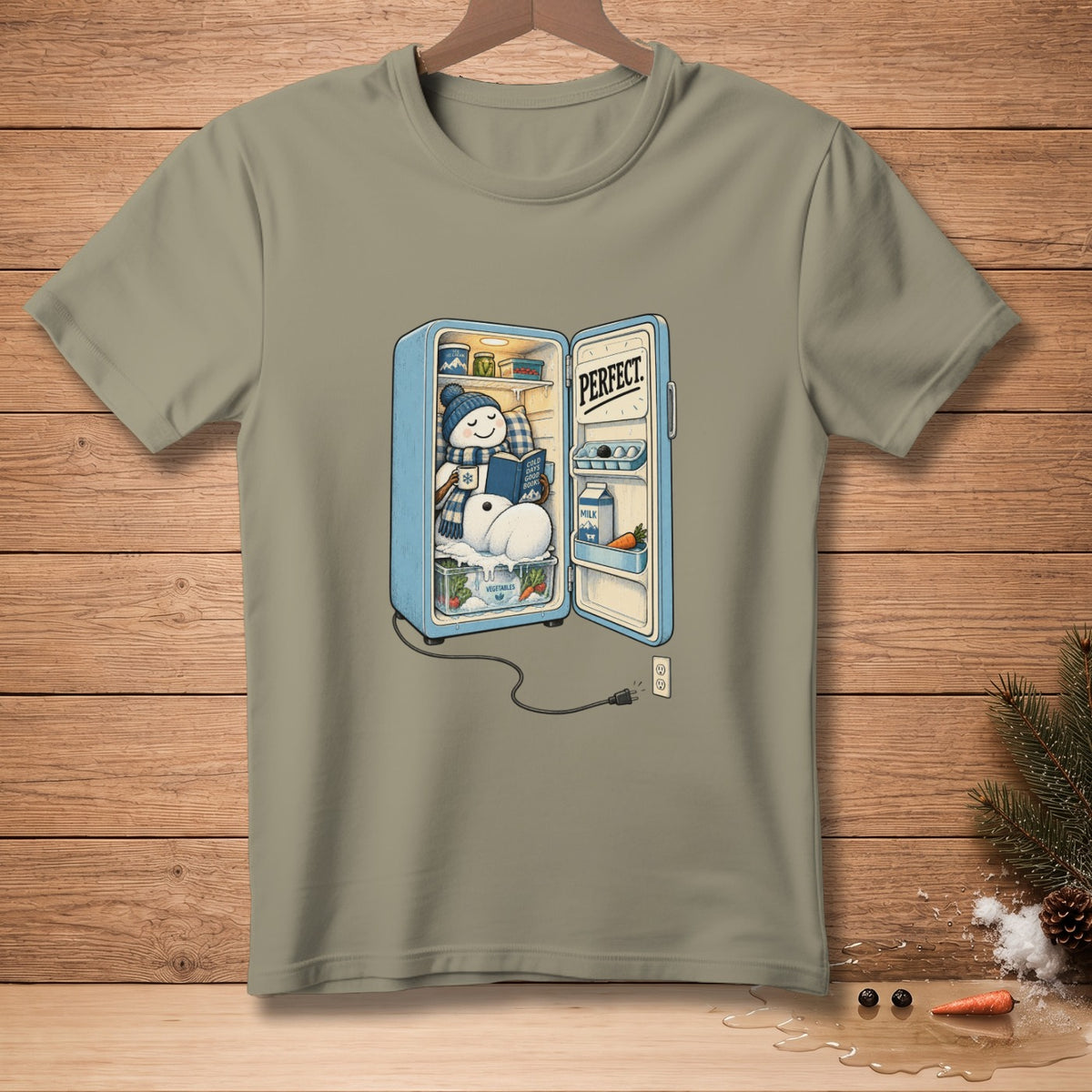 Snowman reading in a refrigerator with text "PERFECT".
