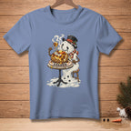 Illustration of a melting snowman wearing a hat eating a loaded baked potato.