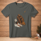 Bigfoot roasting a marshmallow over a campfire with "I like it crispy" sign.
