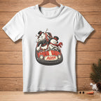 White t-shirt with illustration of snowmen riding in a bumper car with the word "AGAIN".