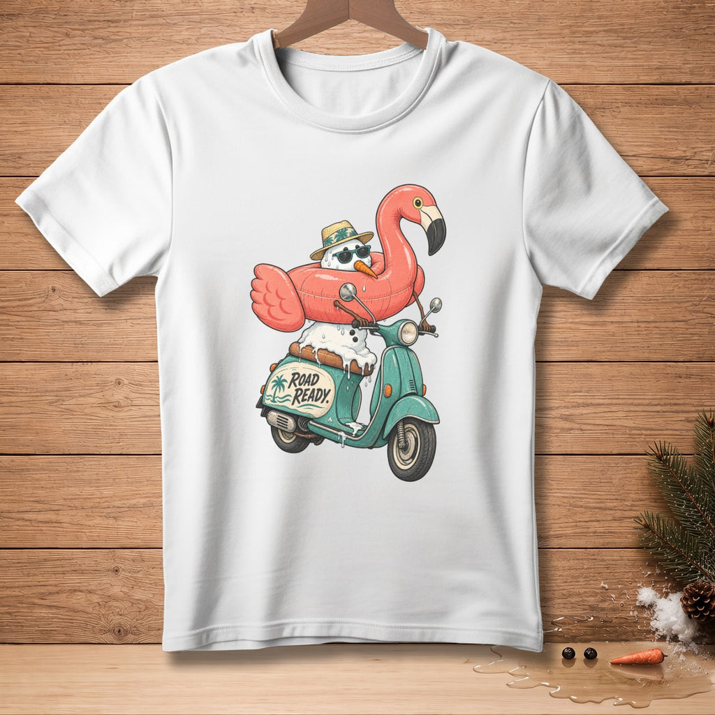 Snowman with flamingo float on scooter, text "Road Ready".