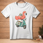 Snowman with flamingo float on scooter, text "Road Ready".