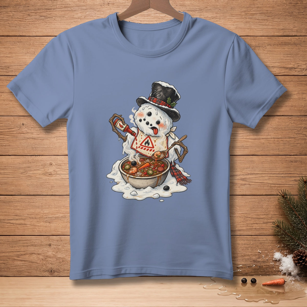 Snowman wearing a top hat and apron, cooking chili with a spoon and bottle of hot sauce.
