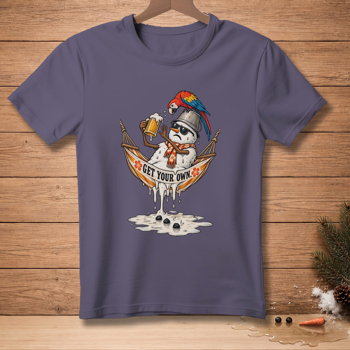 Melting snowman in hammock with beer, parrot above, text "GET YOUR OWN."