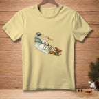 T-shirt with cartoon of snowman and dachshund, text "WHO'S WALKING WHO?"