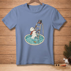 Melting snowman climbing ladder out of pool with carrot and bucket.