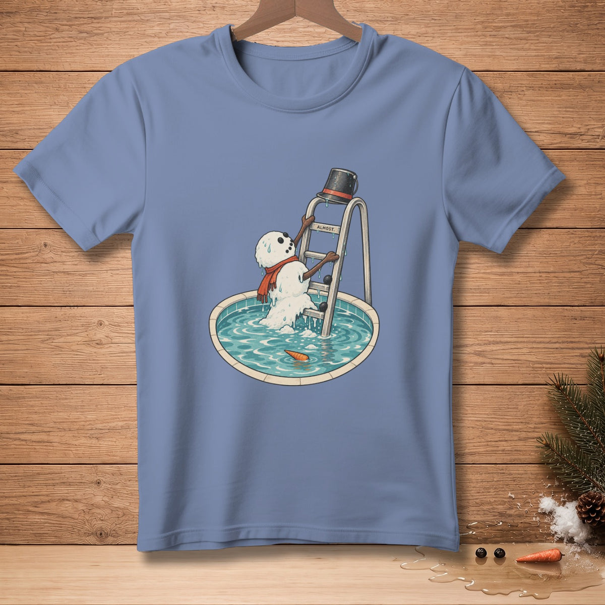 Melting snowman climbing ladder out of pool with carrot and bucket.