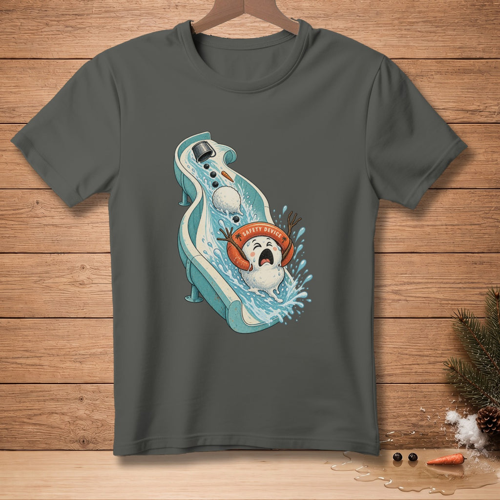 Snowman with safety device splashing down a water slide with a carrot and pinecone.