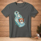 Snowman with safety device splashing down a water slide with a carrot and pinecone.