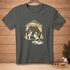 Dark gray t-shirt with a "Happy Hour" graphic of two melting snowmen relaxing.