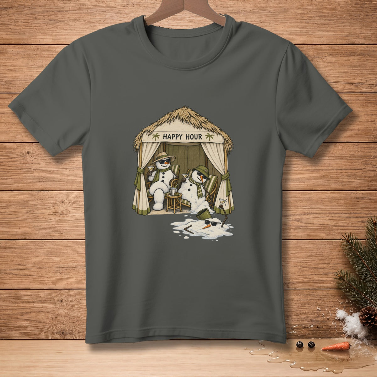Dark gray t-shirt with a "Happy Hour" graphic of two melting snowmen relaxing.