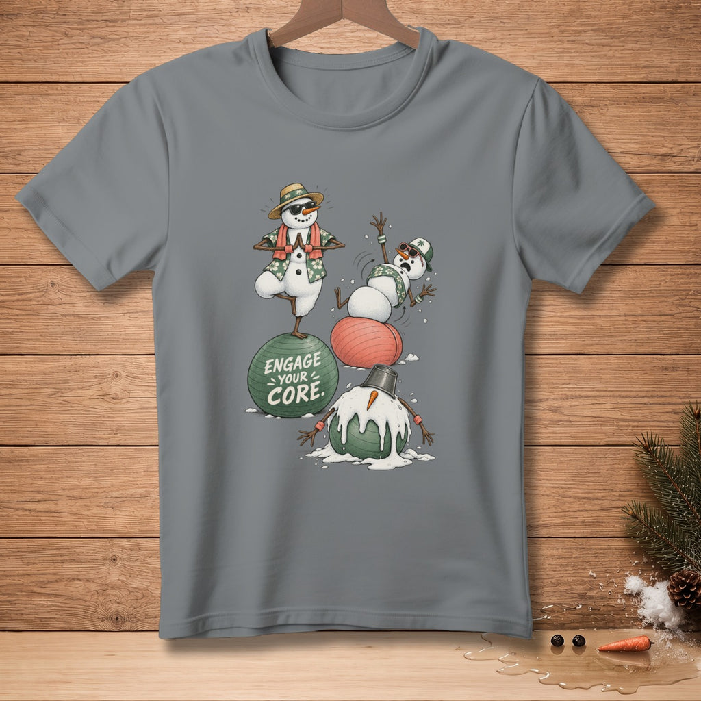 Three snowmen are doing yoga and exercising with fitness balls.