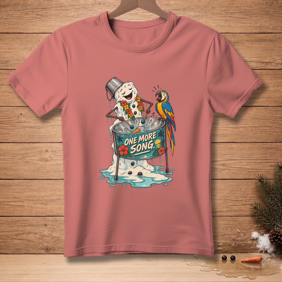 Melting snowman with leis plays steel drum with parrot, "One More Song."