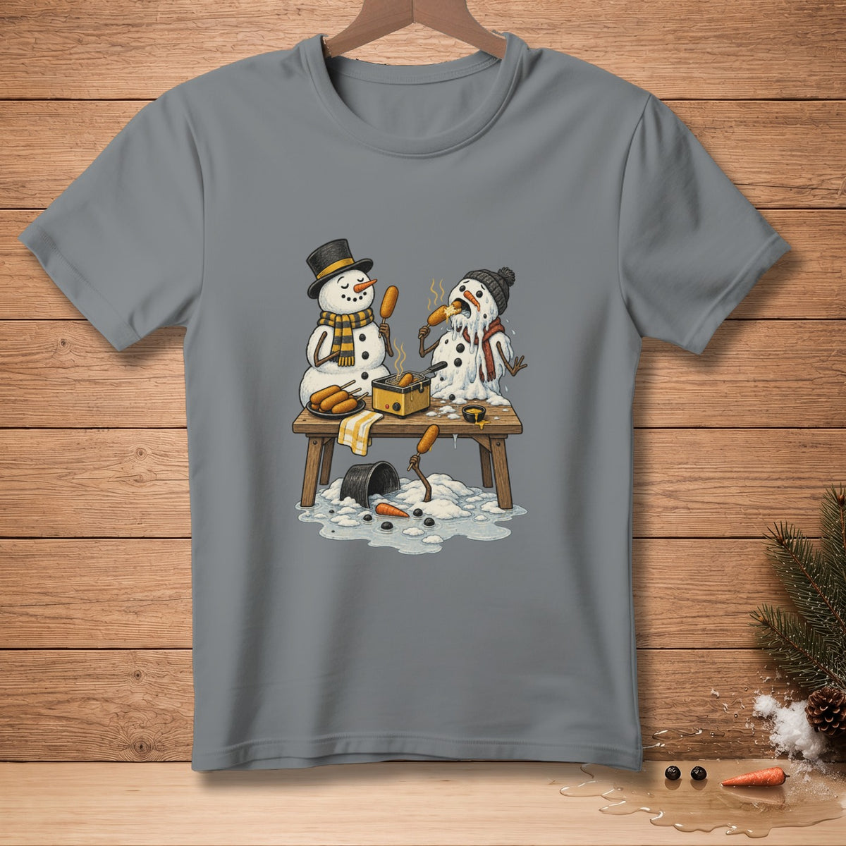 Two snowmen eating corn dogs with a fryer on a table.