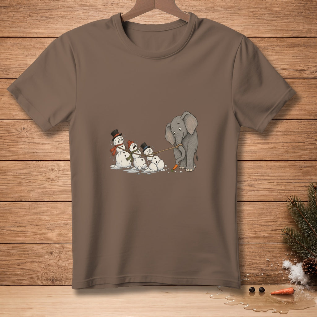 Elephant pulling snowmen with a rope and carrot on brown t-shirt.