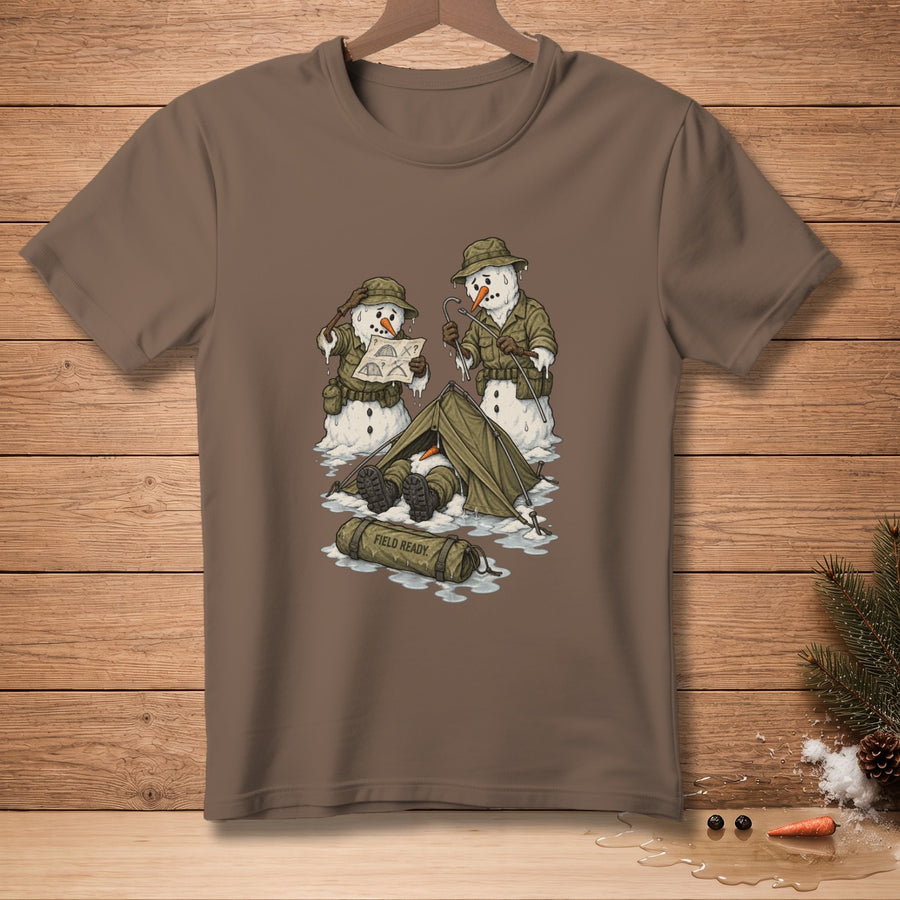 Snowmen in military uniforms setting up camp with a map and sleeping bag.