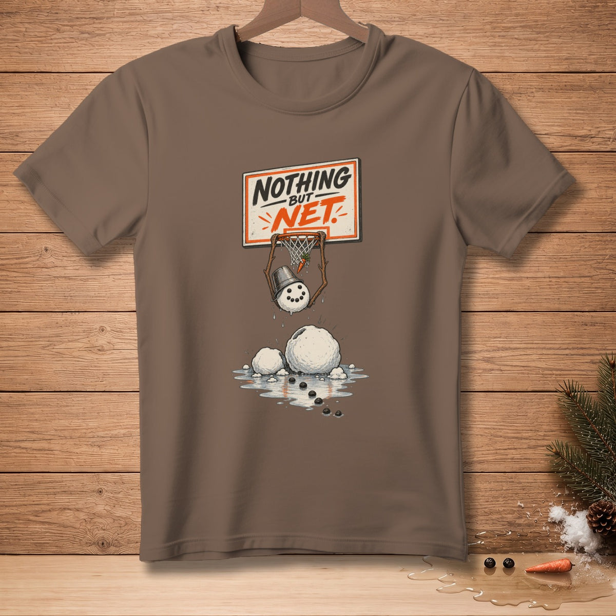 Snowman dunking a basketball with text "Nothing But Net".