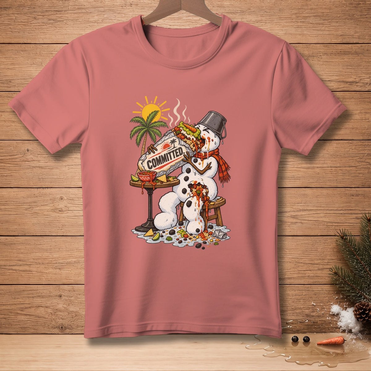 Snowman melting while eating a large burrito labeled "COMMITTED".