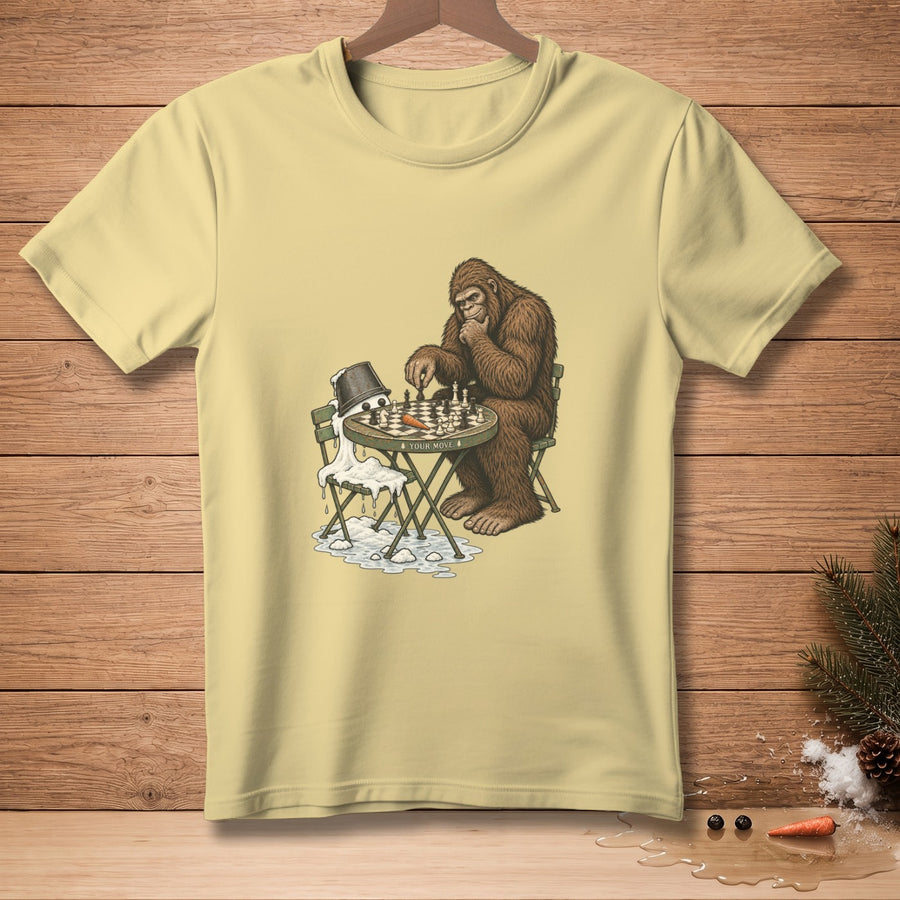 Bigfoot plays chess against a melting snowman; text reads "YOUR MOVE."