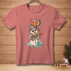 Snowman wearing sunglasses playing guitar with parrot on head, on pink t-shirt.