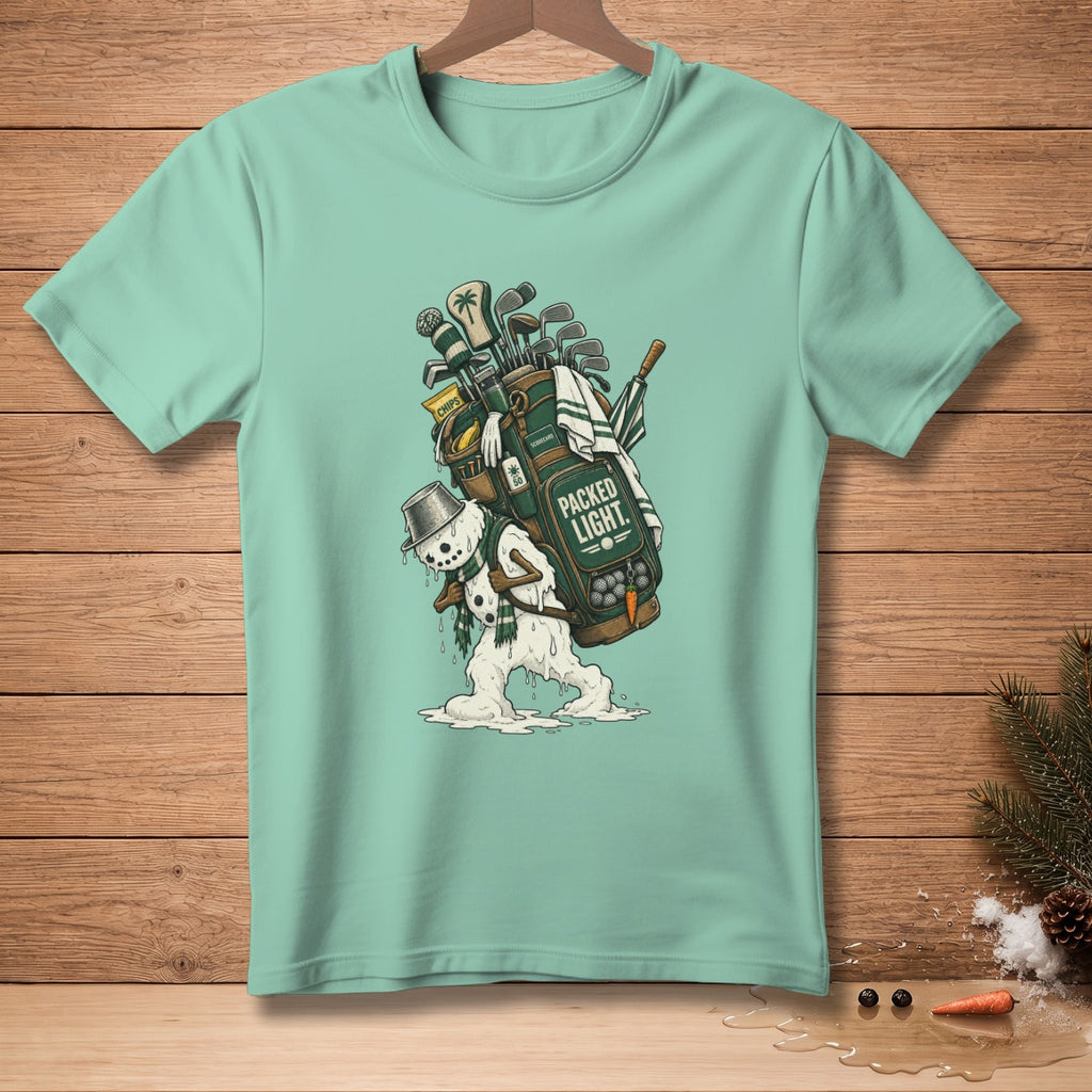 Mint green t-shirt with melting snowman carrying a golf bag.