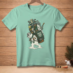 Mint green t-shirt with melting snowman carrying a golf bag.