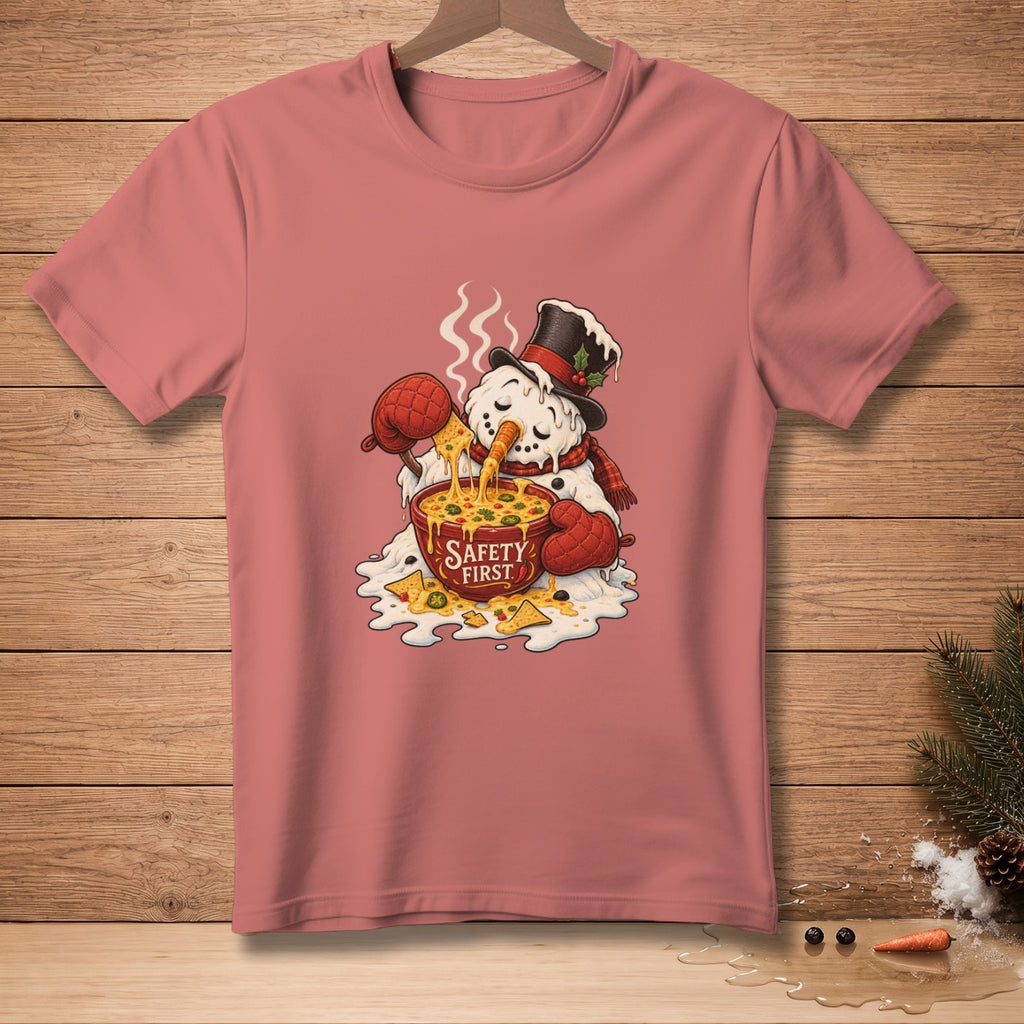 Melting snowman dipping nachos into cheese with "Safety First" text.