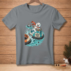 Snowman in bumper boat with "Round Two" sign, splashing water.