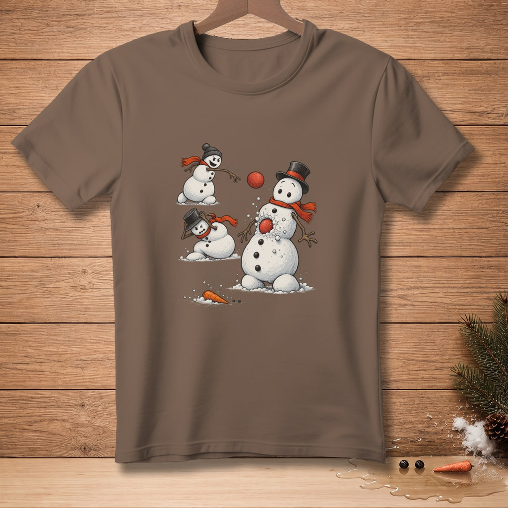 Brown t-shirt with a graphic of snowmen playing and throwing a red ball.