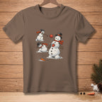 Brown t-shirt with a graphic of snowmen playing and throwing a red ball.