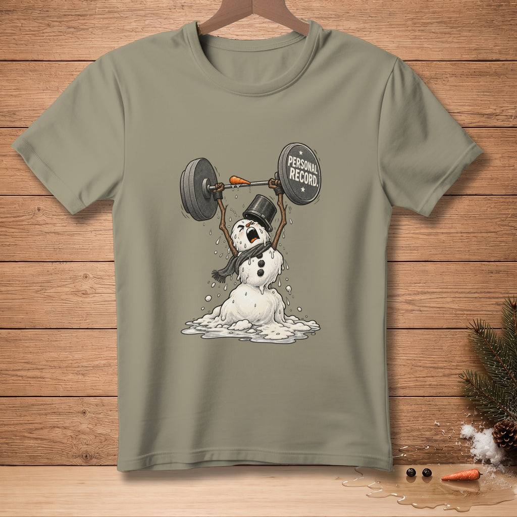 Melting snowman lifting barbell with "Personal Record" weight plate.