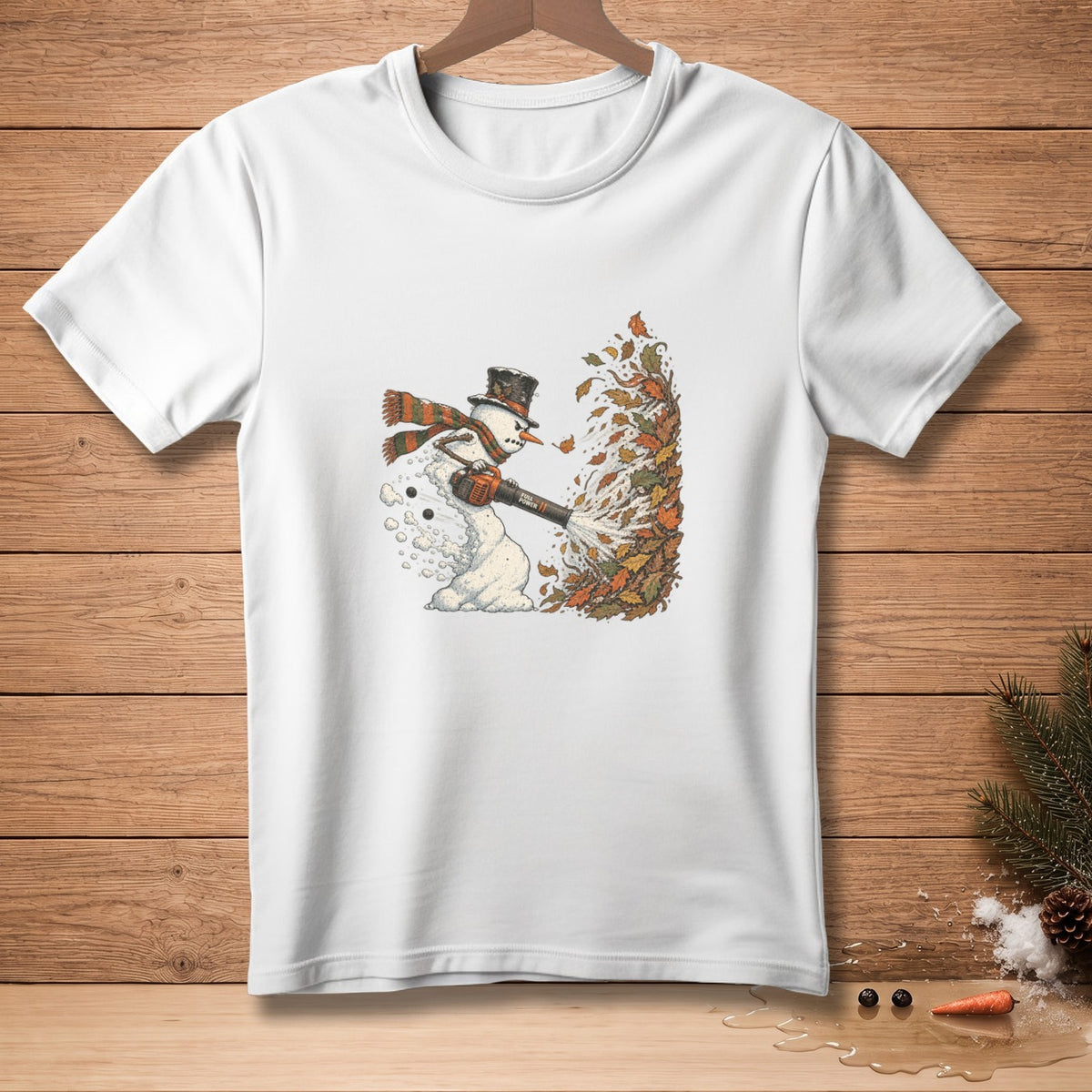Snowman with top hat and scarf blowing leaves with a leaf blower.