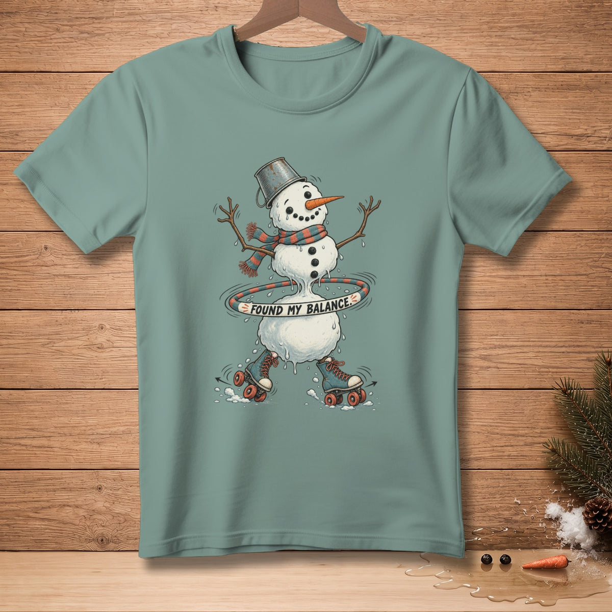 Snowman on roller skates hoops "Found My Balance."