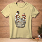 Three snowmen in a bucket filled with ice and beer bottles with text "HELP YOURSELF".