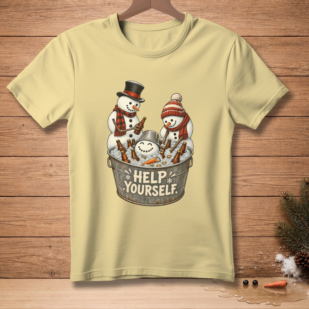 Three snowmen in a bucket filled with ice and beer bottles with text "HELP YOURSELF".