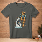 Melting snowman and camel with hydration packs on a grey t-shirt.