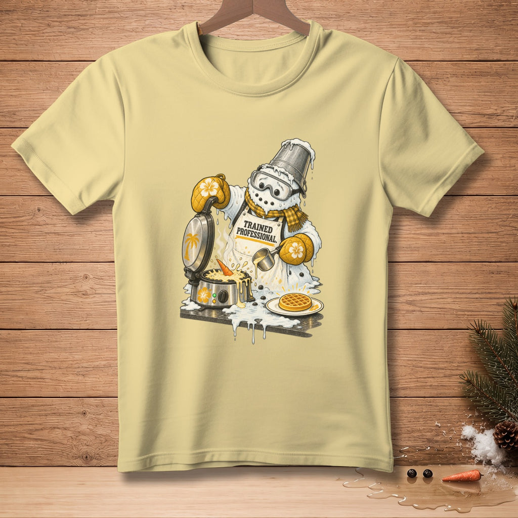 Snowman wearing a bucket hat and apron making waffles, text "Trained Professional".