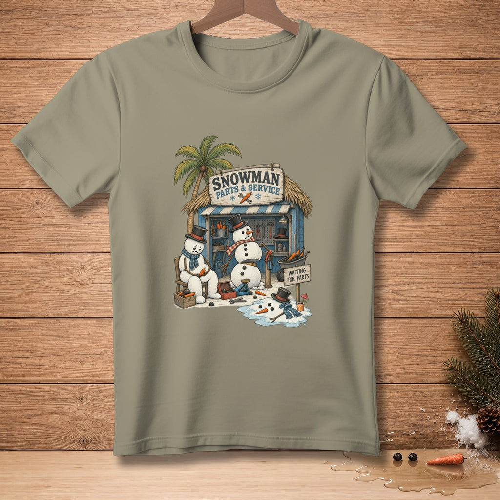 Snowman Parts & Service shop with melting snowmen and a tropical palm tree.